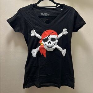 Woman’s Black V-Neck Skull & Crossbones Pirate Tee with Red Bandana